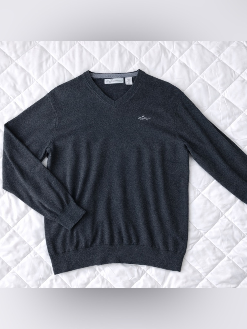 Greg Norman Shark Logo V-Neck Sweater Dark Gray Pullover Mens Size M